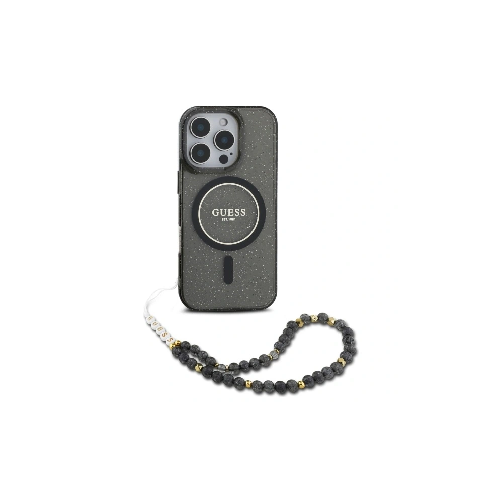 Etui Guess GUHMP16XHGCRELSK Apple iPhone 16 Pro Max hardcase IML Glitter With Pearl Strap MagSafe czarny/czarny