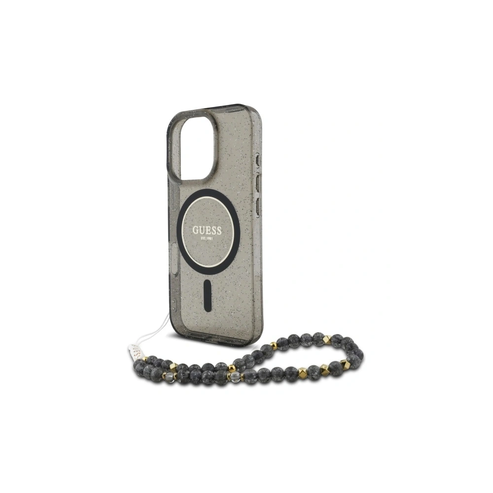 Etui Guess GUHMP16XHGCRELSK Apple iPhone 16 Pro Max hardcase IML Glitter With Pearl Strap MagSafe czarny/czarny