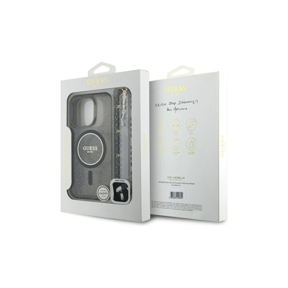 Etui Guess GUHMP16XHGCRELSK Apple iPhone 16 Pro Max hardcase IML Glitter With Pearl Strap MagSafe czarny/czarny