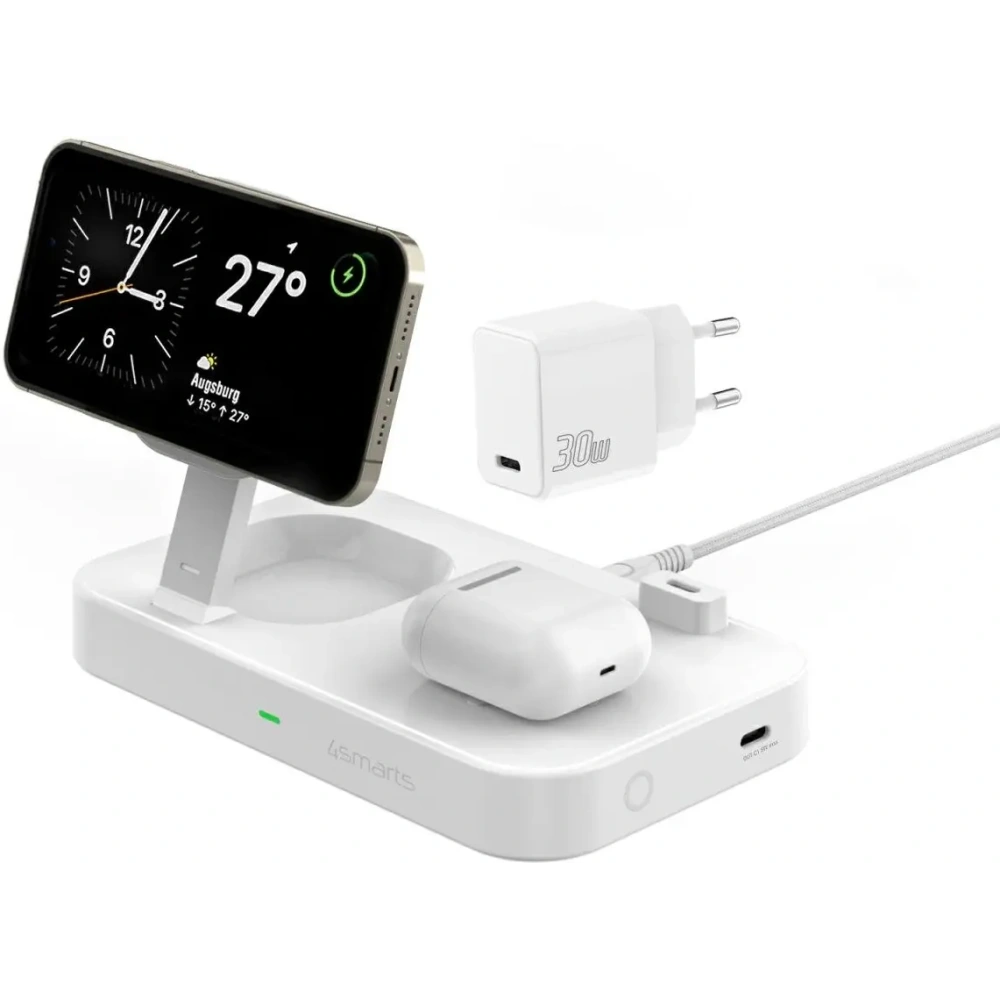 Ładowarka bezprzewodowa 4smarts QI2 Trident 2w1 USB-C z ładowarką sieciową 30W biała/white