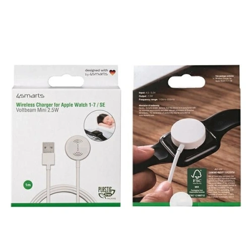 Kup Ładowarka bezprzewodowa 4smarts VoltBeam Mini do Apple Watch 1-8/SE z kablem 1m USB-A 2.5W biały/white - 4SMR23 - {ean13} - Sklep Home Screen