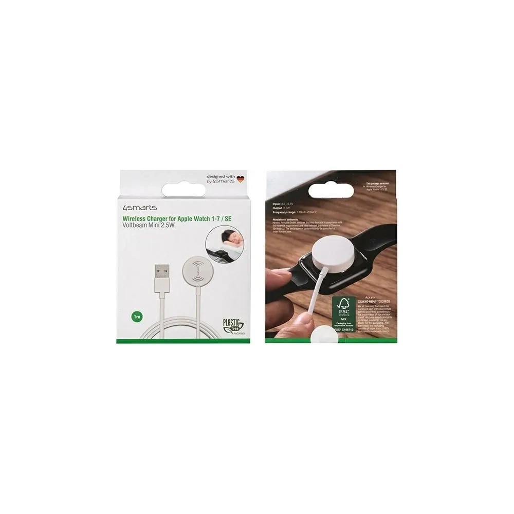 Ładowarka bezprzewodowa 4smarts VoltBeam Mini do Apple Watch 1-8/SE z kablem 1m USB-A 2.5W biały/white