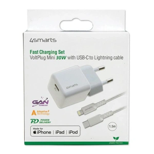 Buy 4smarts mains charger + MFI cable VoltPlug PD 30W GaN USB-C/Lightning 1.5m white - 4SMR27 - {ean13} - Home Screen Store Europe