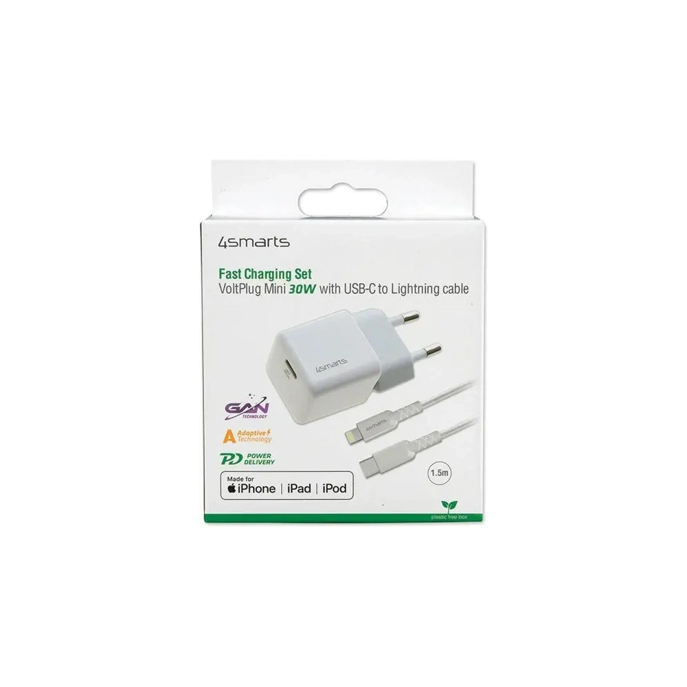 Ładowarka sieciowa 4smarts + kabel MFI VoltPlug PD 30W GaN USB-C/Lightning 1,5m biała/white