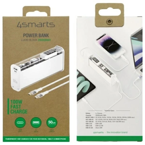 Kup Powerbank 4smarts Lucid Block 20000mAh 100W biały/white - 4SMR37 - {ean13} - Sklep Home Screen