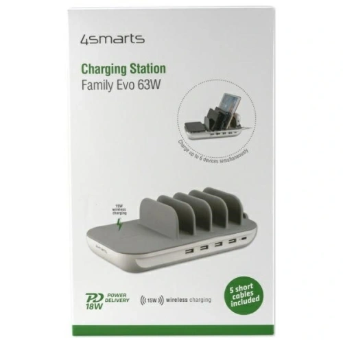 Kup Stație de încărcare 4smarts Family Evo 63W PD cu încărcare wireless și kit de cabluri gri-alb. - 4SMR50 - {ean13} - Sklep Home Screen