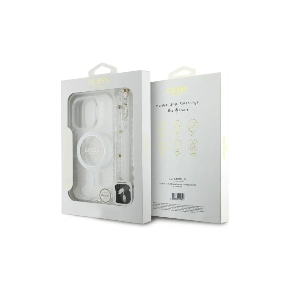 Etui Guess GUHMP16XHGCRELST Apple iPhone 16 Pro Max hardcase IML Glitter With Pearl Strap MagSafe przeźroczysty/transparent