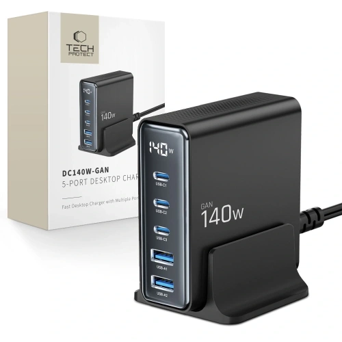 Kup Tech-Protect DC140W-GAN încărcător desktop cu 5 porturi 2xUSB-A, 3xUSB-C PD140W / QC3.0 Negru - THP3467 - {ean13} - Sklep Home Screen