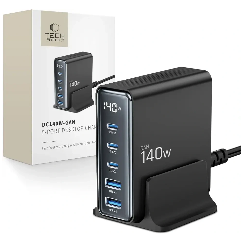 Stacja ładująca Tech-Protect DC140W-GAN 5 portowa 2xUSB-A, 3xUSB-C Desktop Charger PD140W / QC3.0 Black