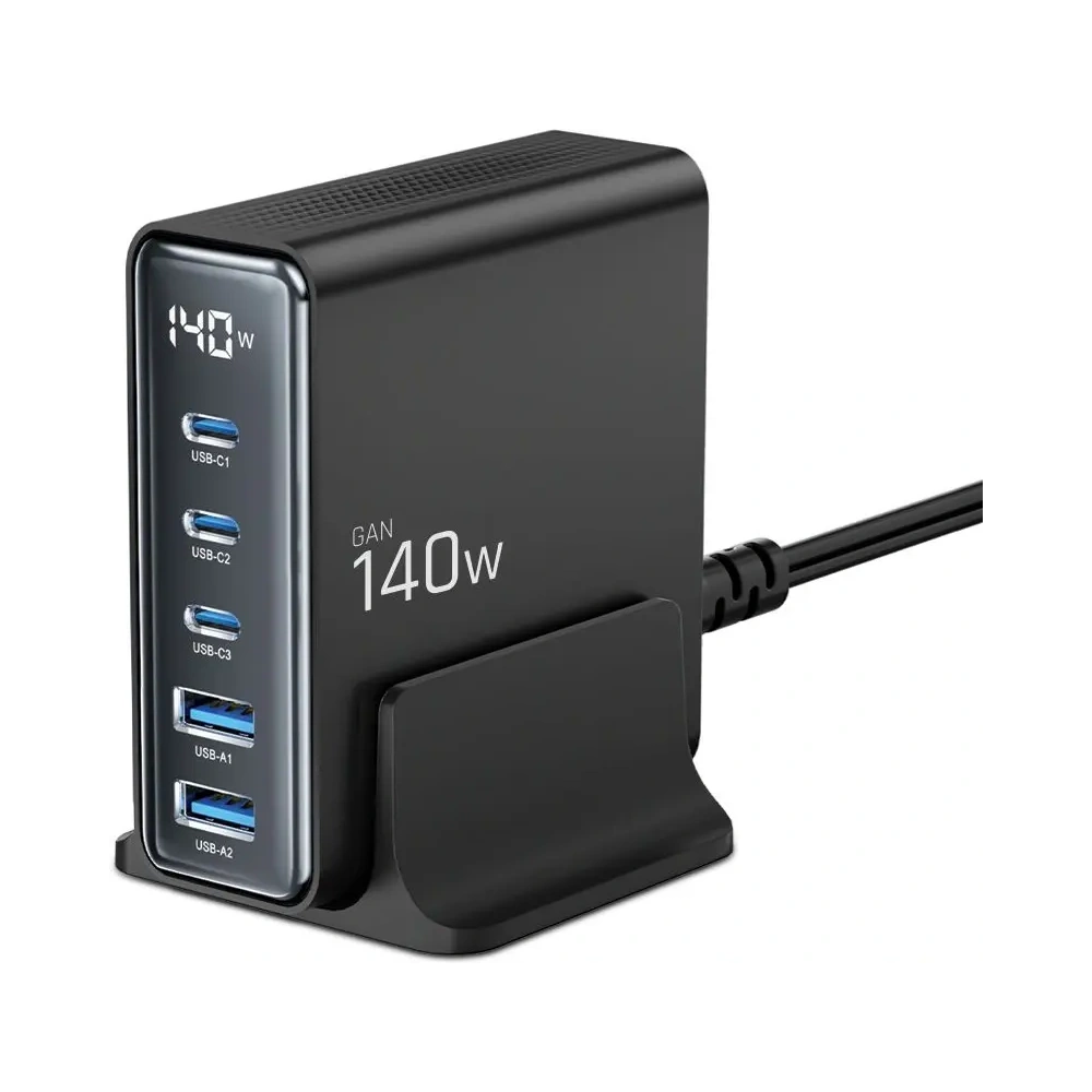 Stacja ładująca Tech-Protect DC140W-GAN 5 portowa 2xUSB-A, 3xUSB-C Desktop Charger PD140W / QC3.0 Black