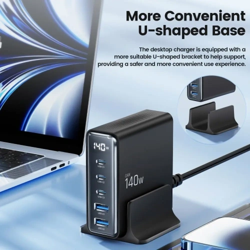 Kup Tech-Protect DC140W-GAN încărcător desktop cu 5 porturi 2xUSB-A, 3xUSB-C PD140W / QC3.0 Negru - THP3467 - {ean13} - Sklep Home Screen