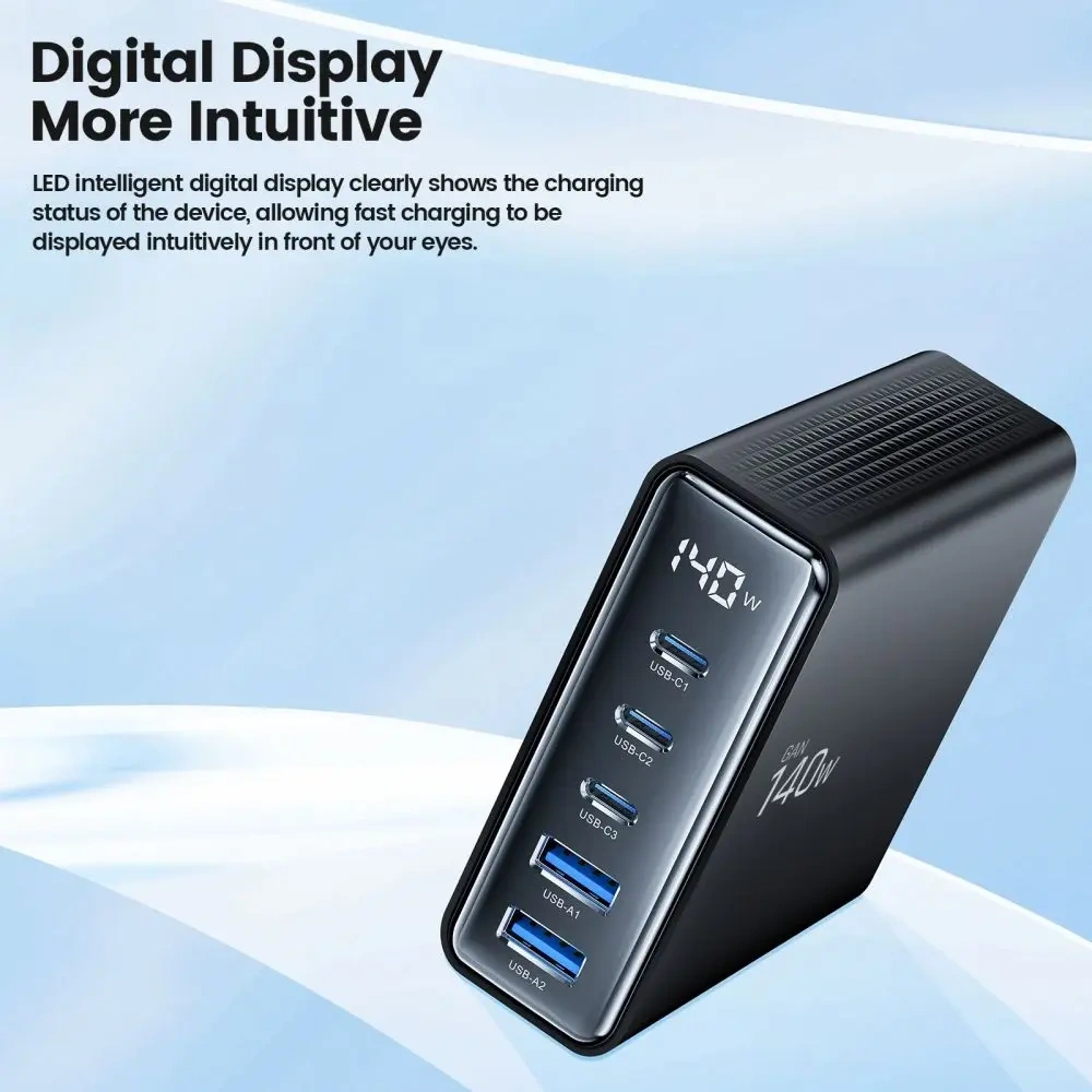 Stacja ładująca Tech-Protect DC140W-GAN 5 portowa 2xUSB-A, 3xUSB-C Desktop Charger PD140W / QC3.0 Black