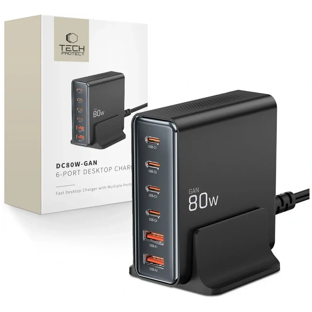 Stacja ładująca Tech-Protect DC80W-GAN 6 portowa 2xUSB-A, 4xUSB-C Desktop Charger PD80W / QC3.0 Black