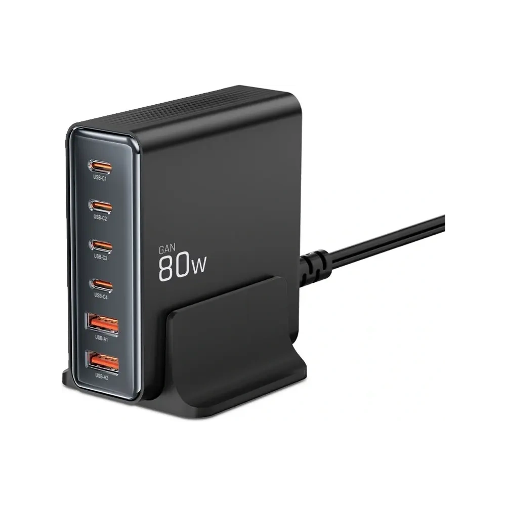 Stacja ładująca Tech-Protect DC80W-GAN 6 portowa 2xUSB-A, 4xUSB-C Desktop Charger PD80W / QC3.0 Black