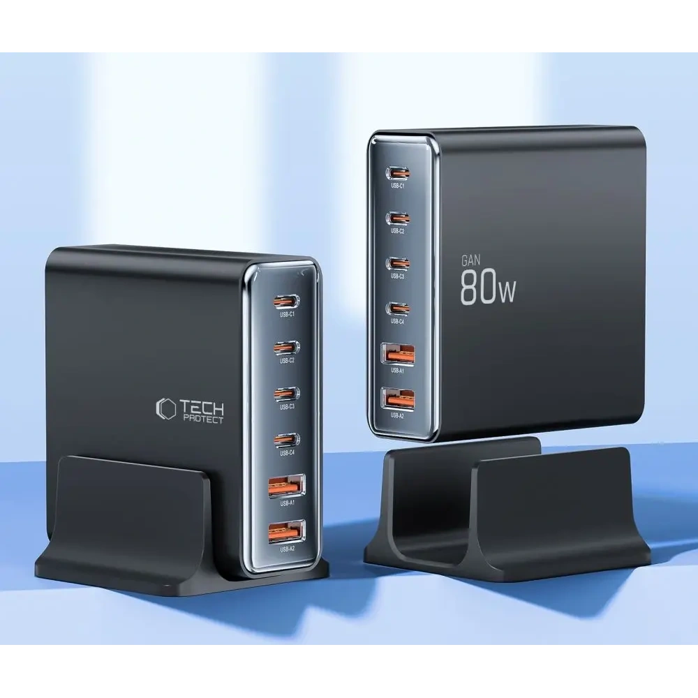 Stacja ładująca Tech-Protect DC80W-GAN 6 portowa 2xUSB-A, 4xUSB-C Desktop Charger PD80W / QC3.0 Black