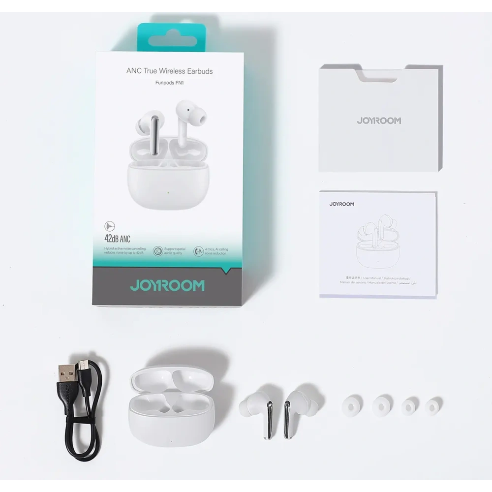 Bezprzewodowe słuchawki dokanałowe Joyroom Funpods JR-FN1 TWS Bluetooth 5.4 ANC ENC białe