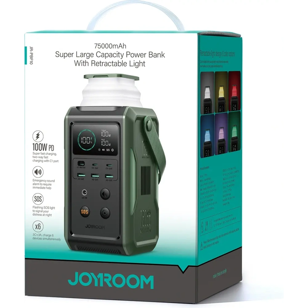 Powerbank Joyroom JR-PBF10 75000mAh 100W 3xUSB-A, 3xUSB-C ze składaną latarką i rączką zielony