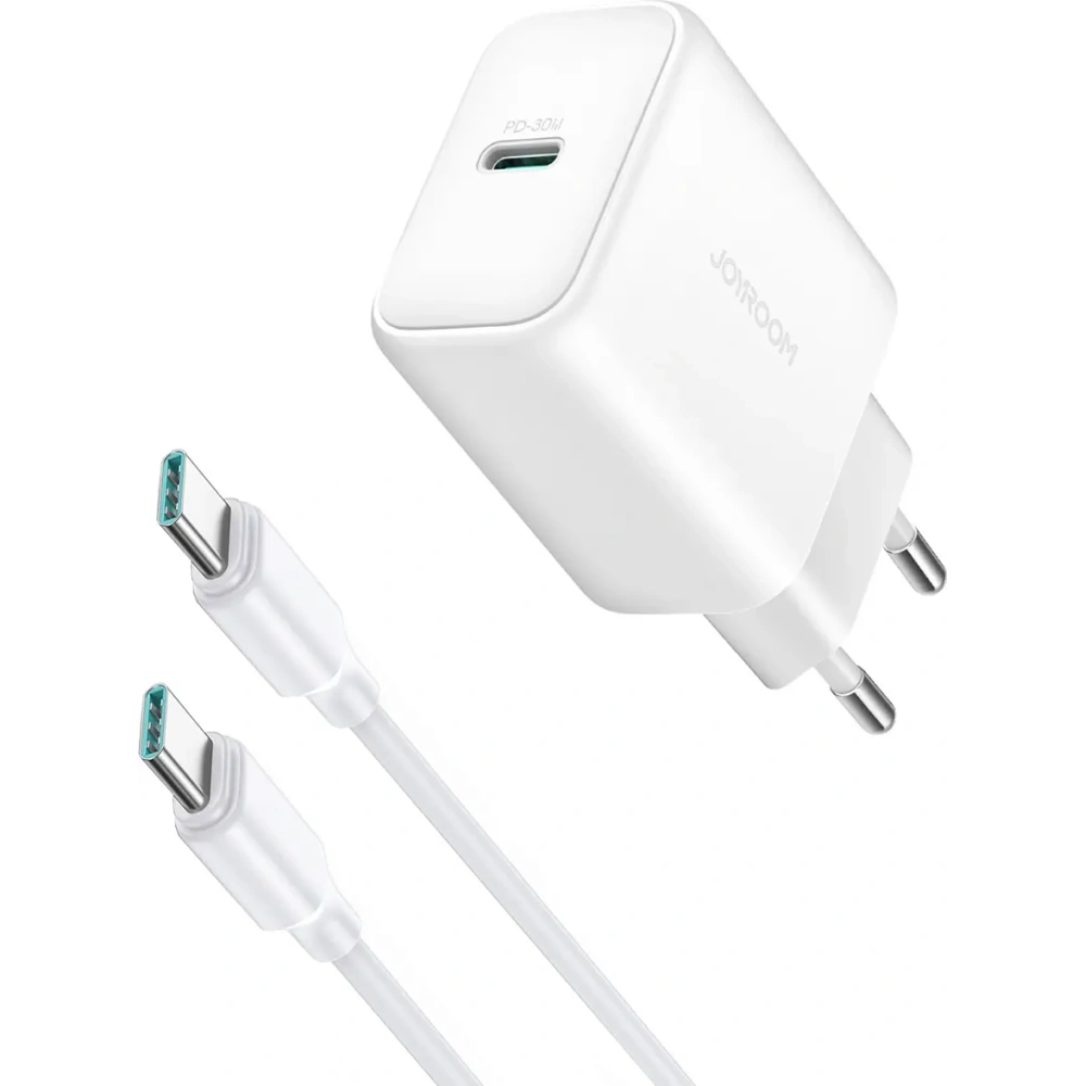 Ładowarka sieciowa Joyroom JR-TCF24 USB-C PD 30W QC SFC biała + kabel USB-C / USB-C 1m