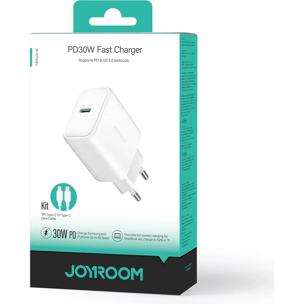 Ładowarka sieciowa Joyroom JR-TCF24 USB-C PD 30W QC SFC biała + kabel USB-C / USB-C 1m