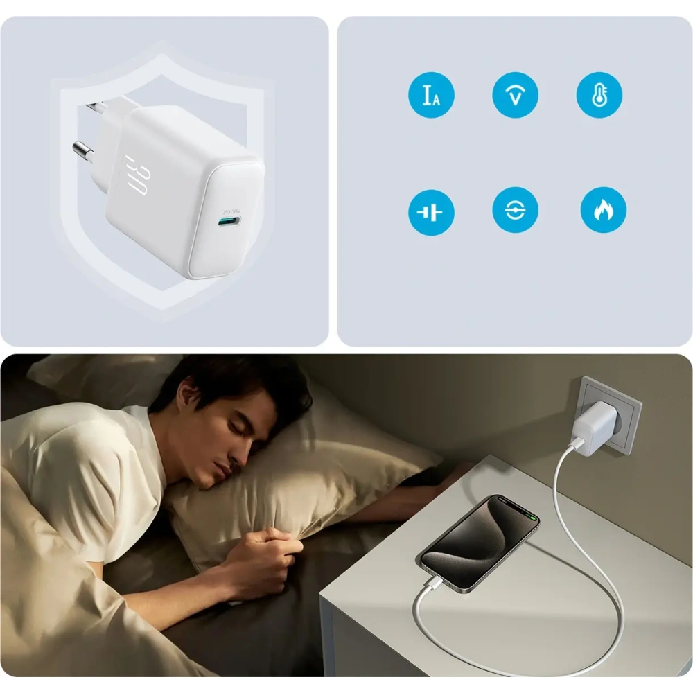 Ładowarka sieciowa Joyroom JR-TCF24 USB-C PD 30W QC SFC biała + kabel USB-C / USB-C 1m