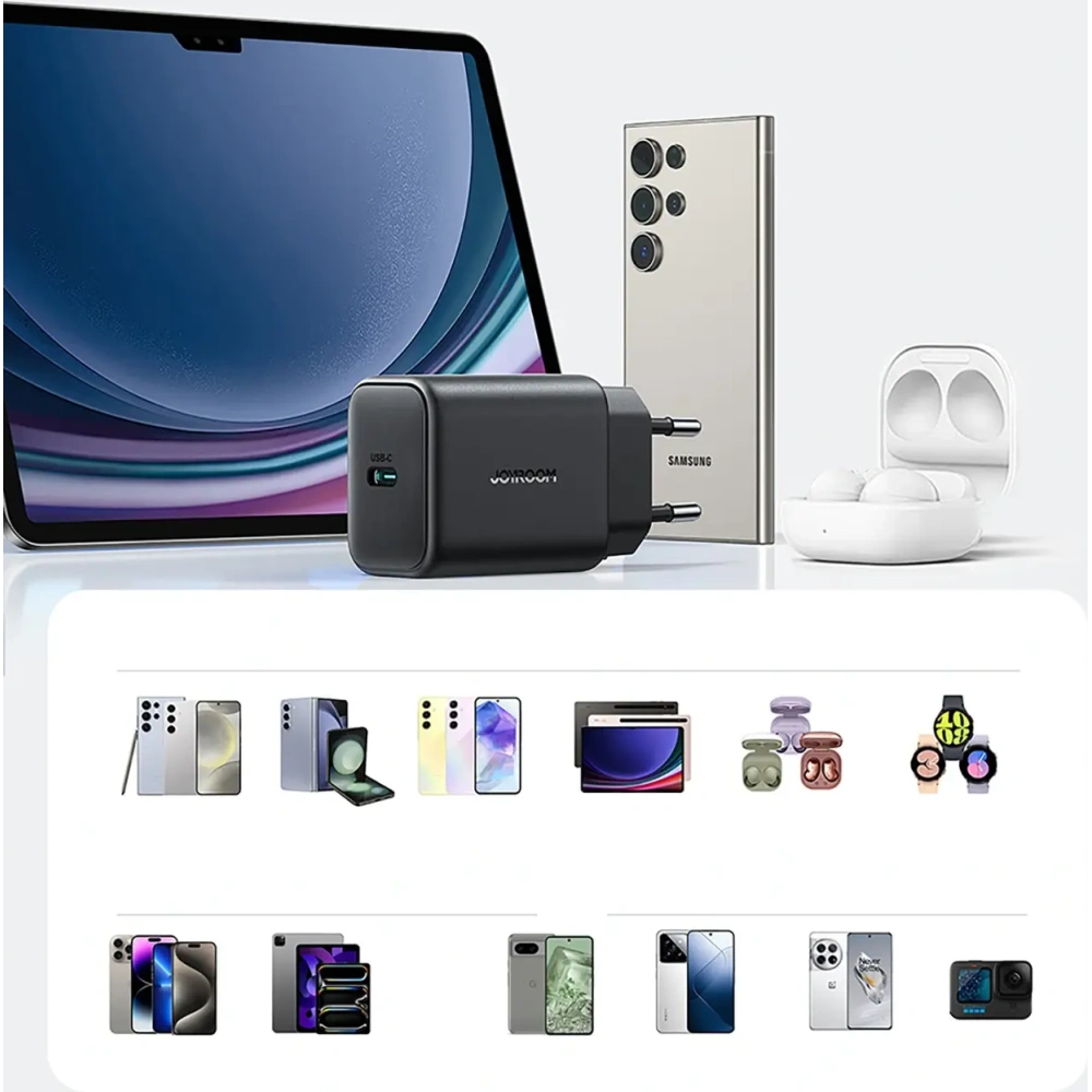 Ładowarka sieciowa Joyroom JR-TCF23 USB-C 25W SFC / PPS / PD czarna + kabel USB-C / USB-C 1m