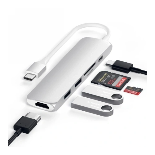 Kup Satechi 6-in-1 Slim Multiport-Adapter USB-C / USB-C, 2x USB-A, 4K HDMI, Micro/SD, Ethernet - STH159 - {ean13} - Sklep Home Screen