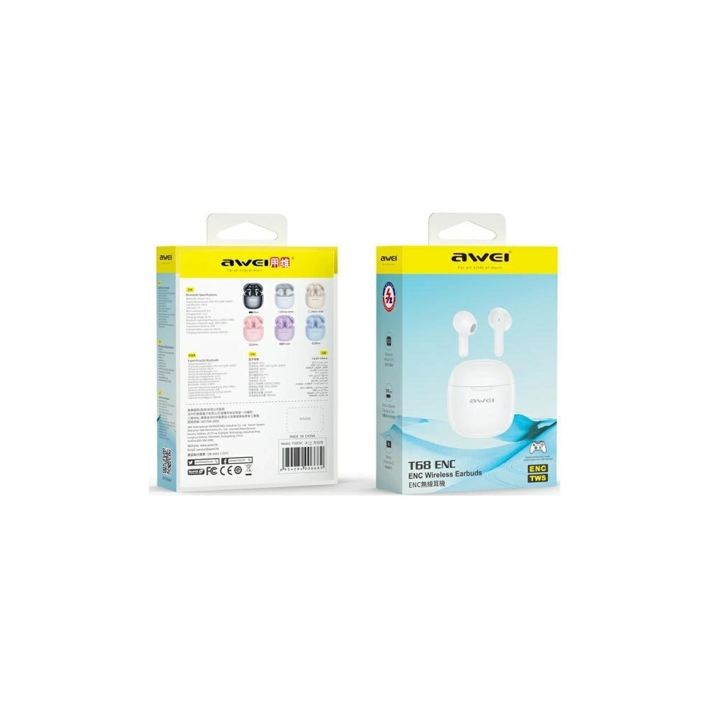 Bezprzewodowe słuchawki douszne AWEI T68 Bluetooth 5.3 ENC TWS + stacja dokująca biały/white