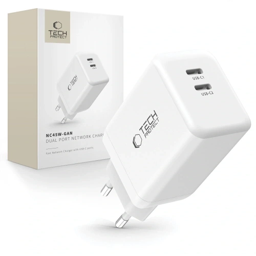 Kup Síťová nabíječka Tech-Protect NC45W-GAN 2xUSB-C Síťová nabíječka PD45W Bílá - THP3549 - {ean13} - Sklep Home Screen