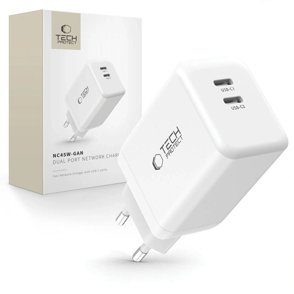 Ładowarka sieciowa Tech-Protect NC45W-GAN 2xUSB-C Network Charger PD45W White