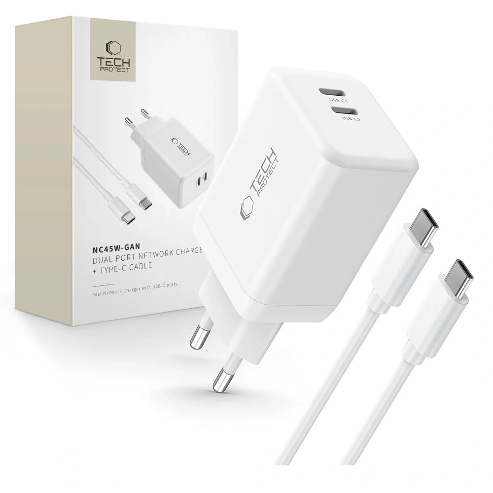 Ładowarka sieciowa Tech-Protect NC45W-GAN 2xUSB-C Network Charger PD45W + USB-C Cable White