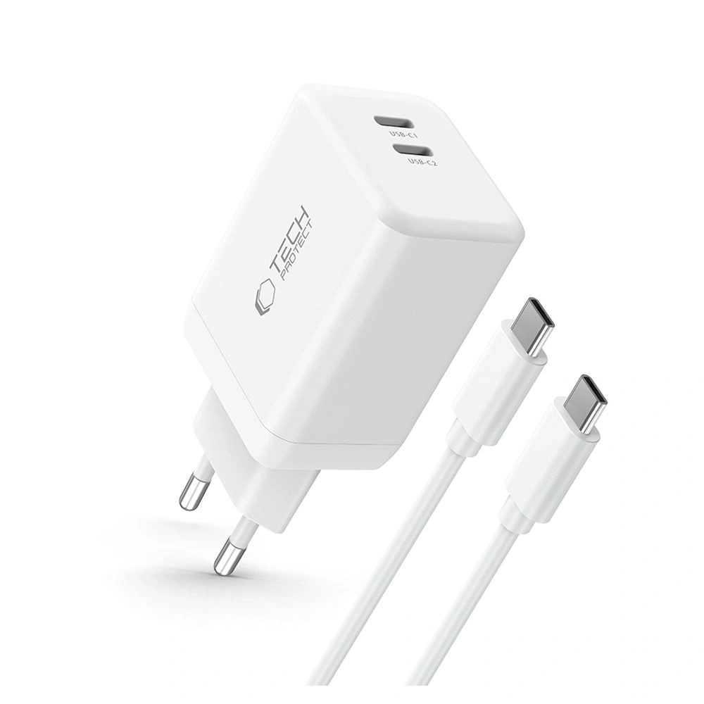 Ładowarka sieciowa Tech-Protect NC45W-GAN 2xUSB-C Network Charger PD45W + USB-C Cable White