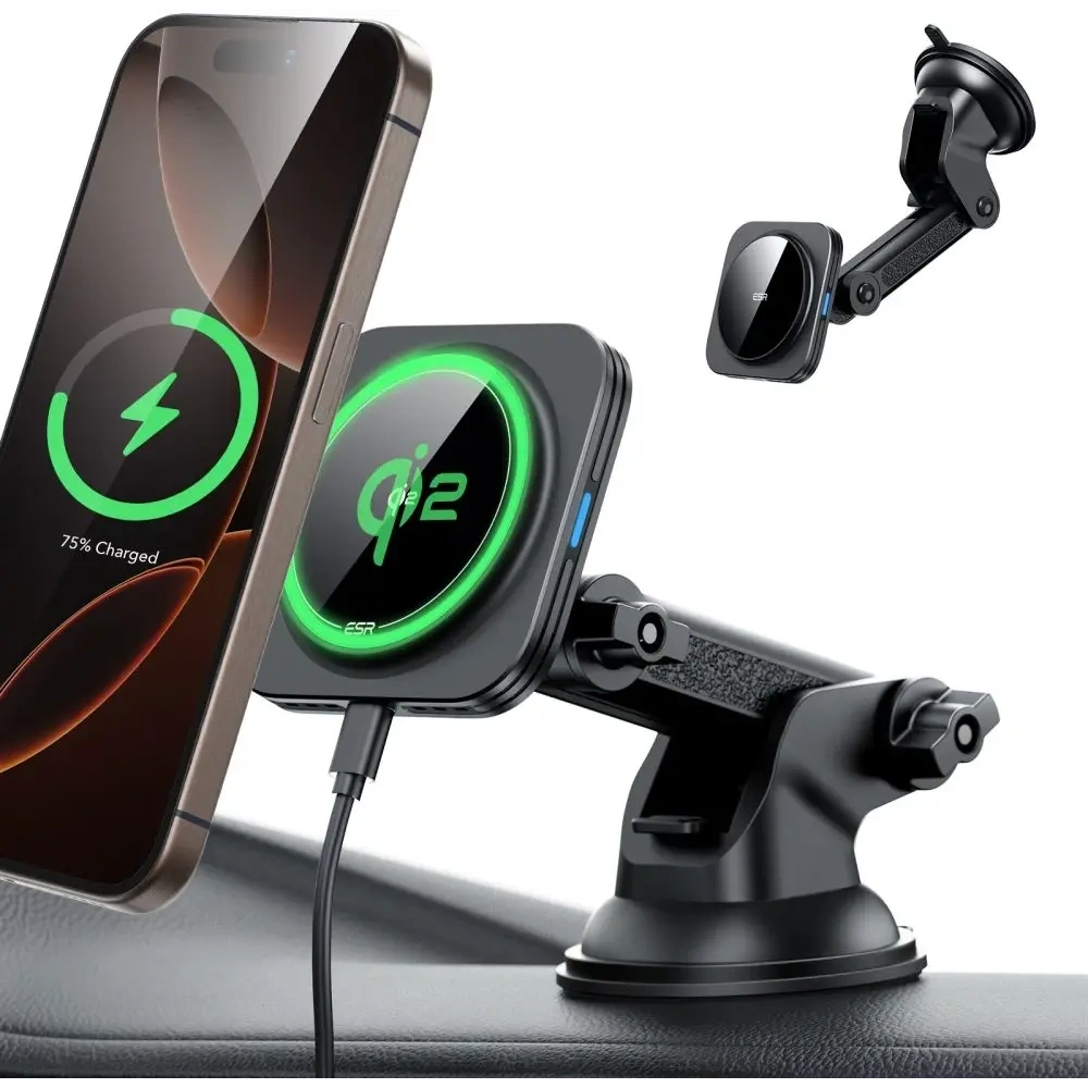 Uchwyt samochodowy na kokpit / szybę z ładowarką indukcyjną ESR Halolock Magnetic Magsafe Dashboard Car Mount Wireless Charger Qi2 15W Black