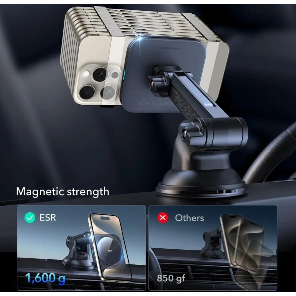 Uchwyt samochodowy na kokpit / szybę z ładowarką indukcyjną ESR Halolock Magnetic Magsafe Dashboard Car Mount Wireless Charger Qi2 15W Black