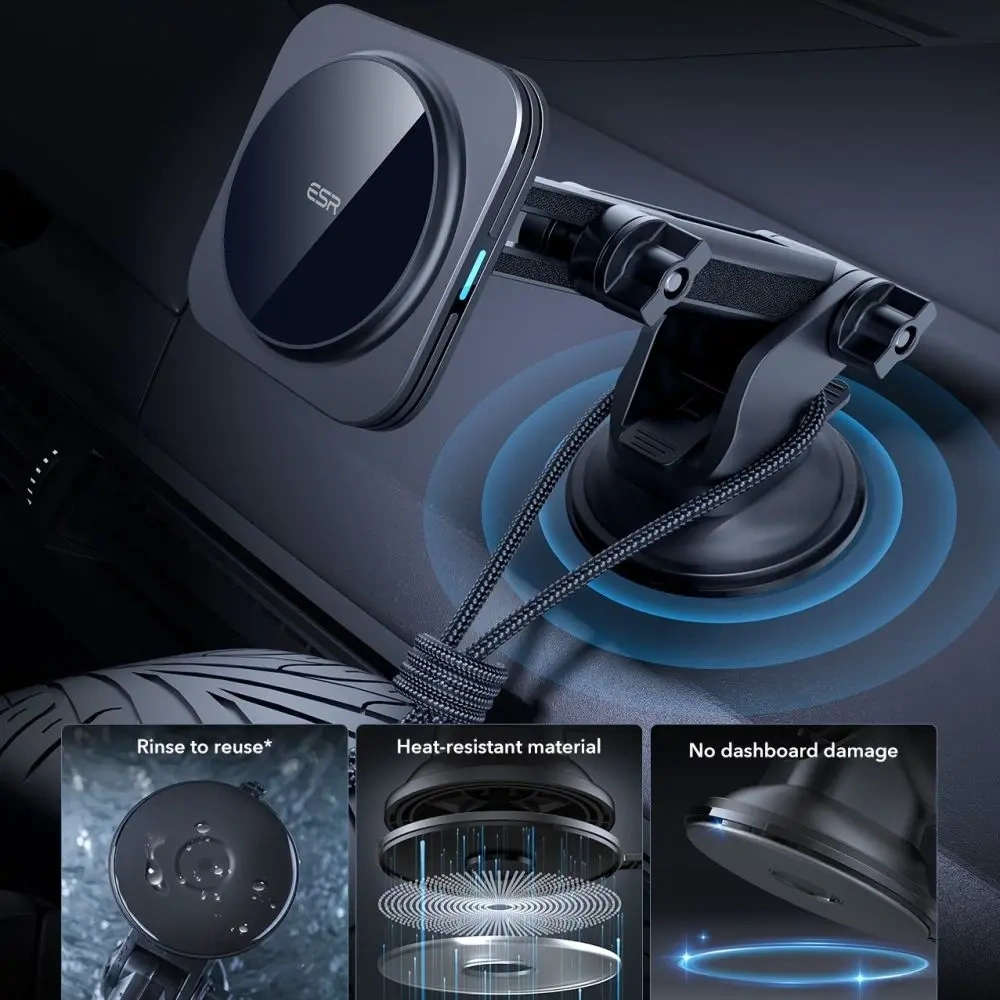 Uchwyt samochodowy na kokpit / szybę z ładowarką indukcyjną ESR Halolock Magnetic Magsafe Dashboard Car Mount Wireless Charger Qi2 15W Black