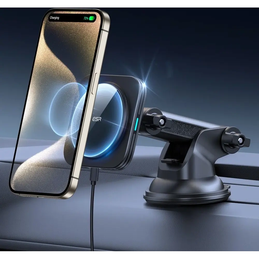 Uchwyt samochodowy na kokpit / szybę z ładowarką indukcyjną ESR Halolock Magnetic Magsafe Dashboard Car Mount Wireless Charger Qi2 15W Black