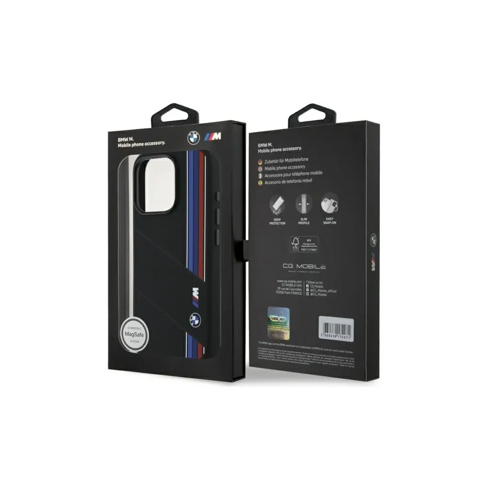 Etui BMW BMHMP16L23SCUK Apple iPhone 16 Pro hardcase Silicone Cut Tricolor Lines MagSafe czarny/black