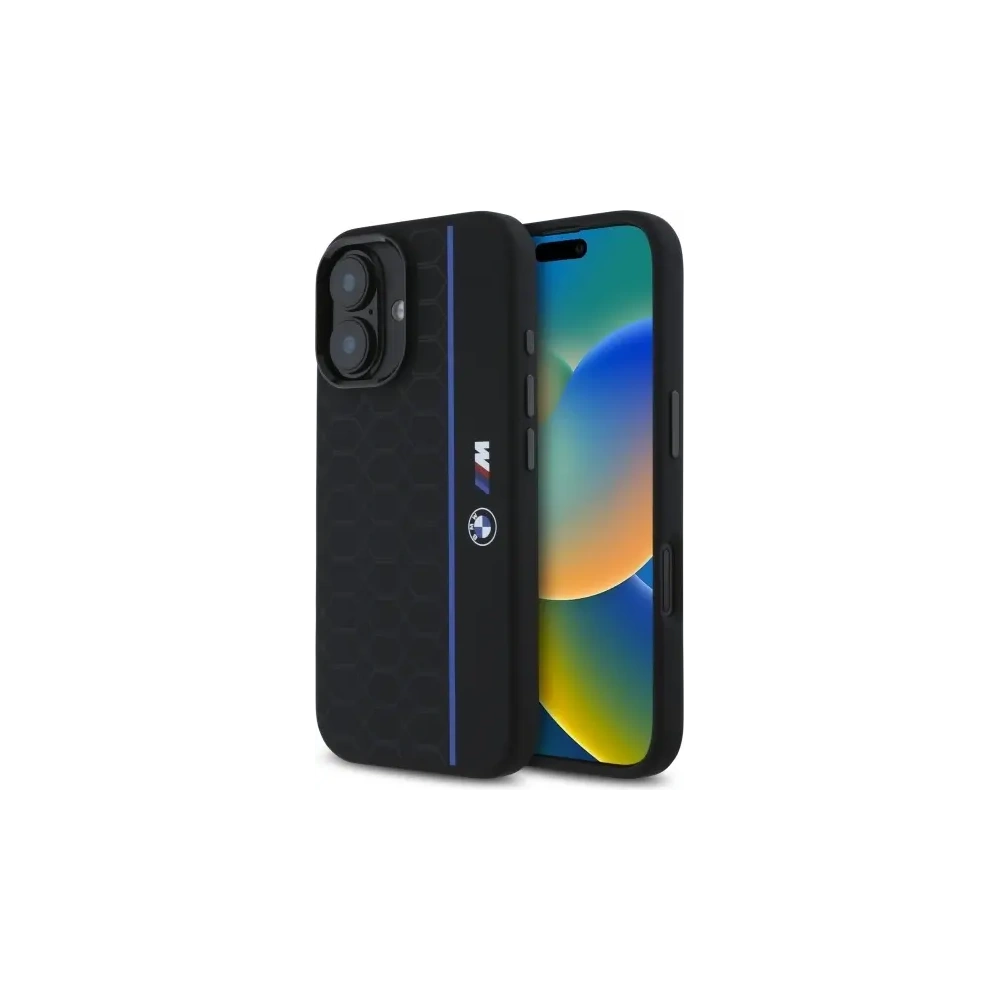 Etui BMW BMHMP16S23SHEB Apple iPhone 16 hardcase Silicone Hexagon Blue Line MagSafe czarny/black