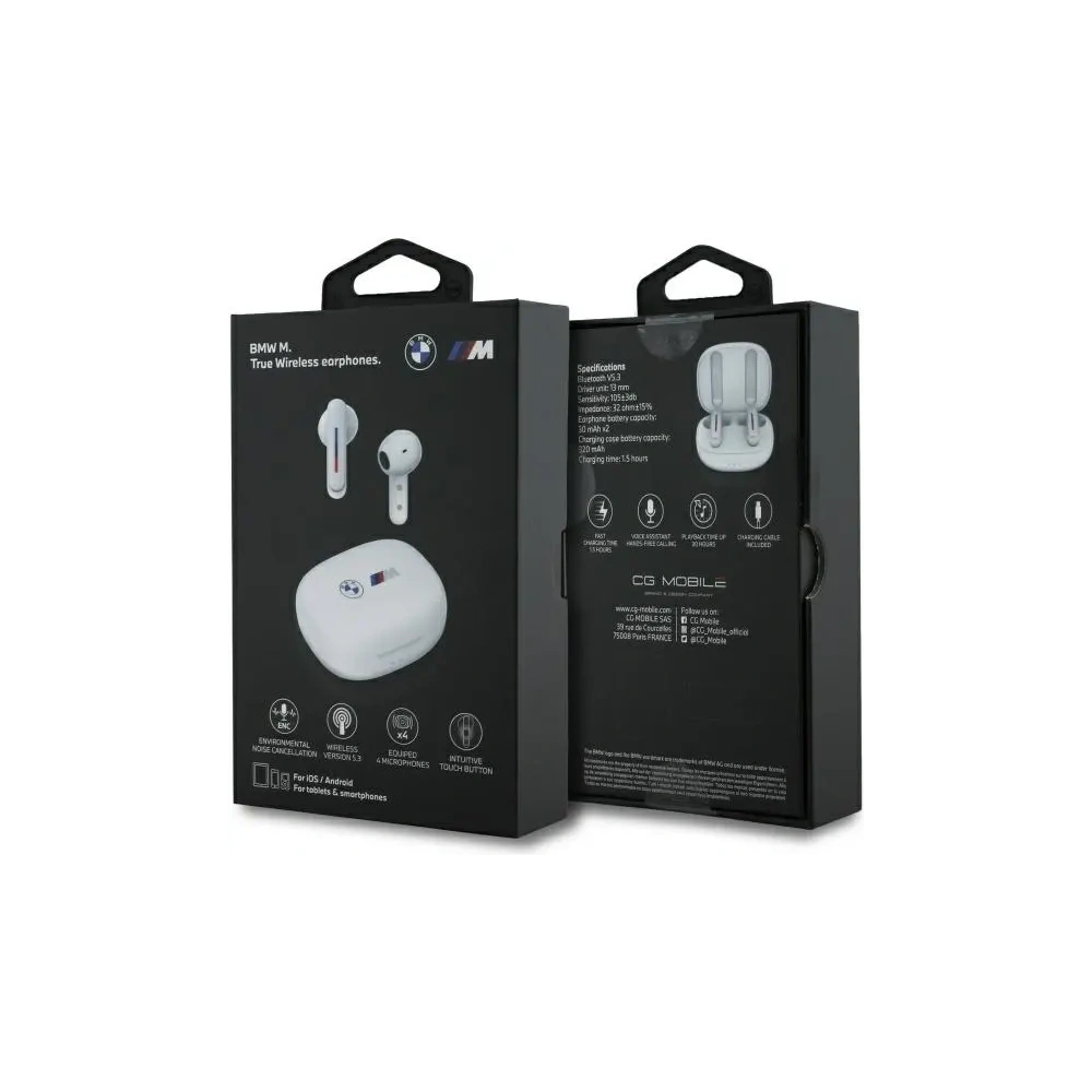Bezprzewodowe słuchawki douszne BMW Bluetooth 5.3 BMBEMIATP20LOH TWS + stacja dokująca Printed Logos biały/white
