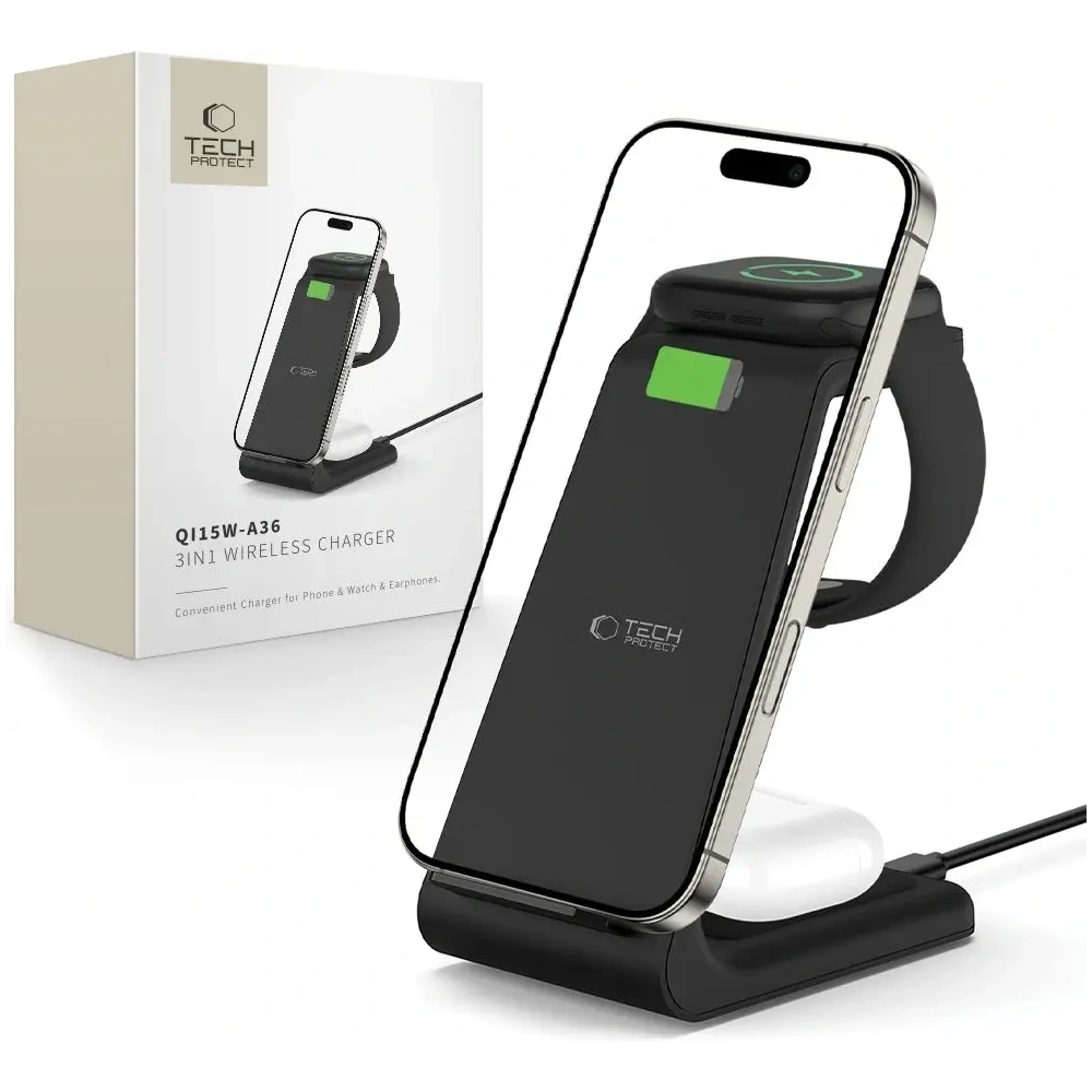 Ładowarka bezprzewodowa Tech-Protect QI15W-A36 3in1 Wireless Charger For Apple Black