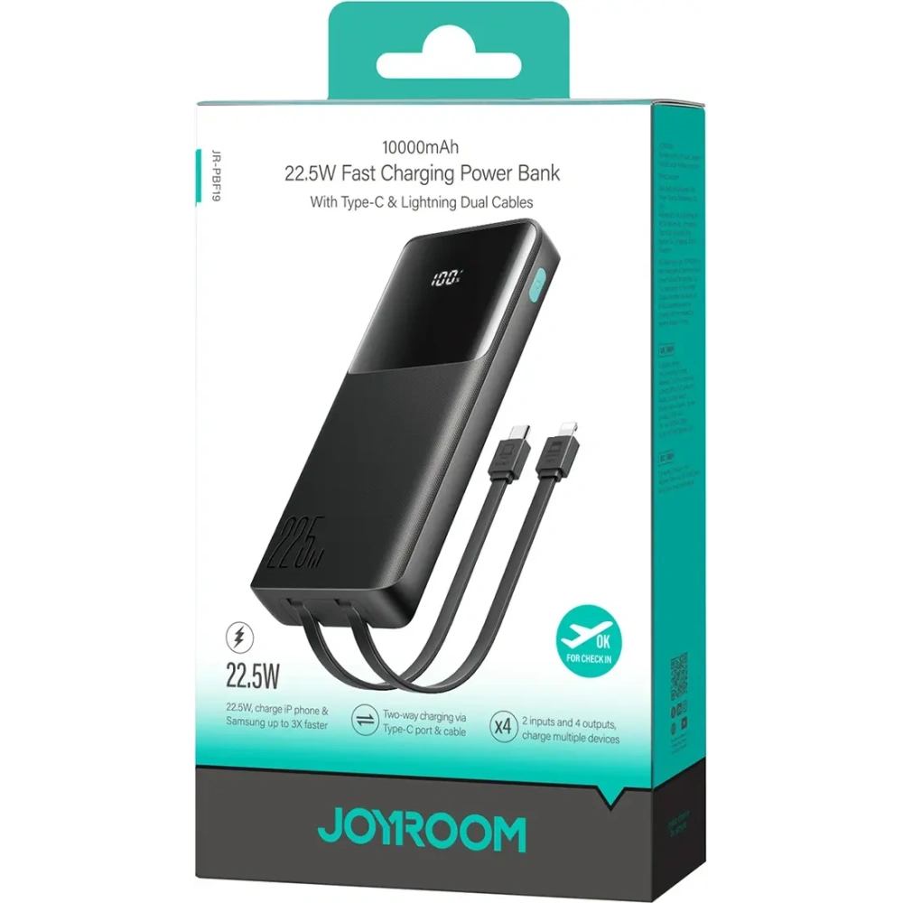 Powerbank Joyroom JR-PBF19 22.5W 10000mAh + wbudowane kable USB-C, Lightning czarny