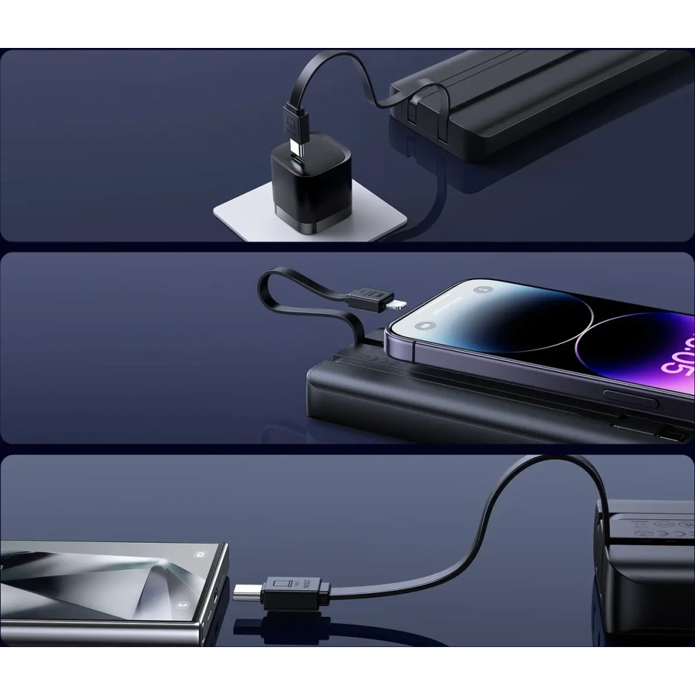 Powerbank Joyroom JR-PBF19 22.5W 10000mAh + wbudowane kable USB-C, Lightning czarny