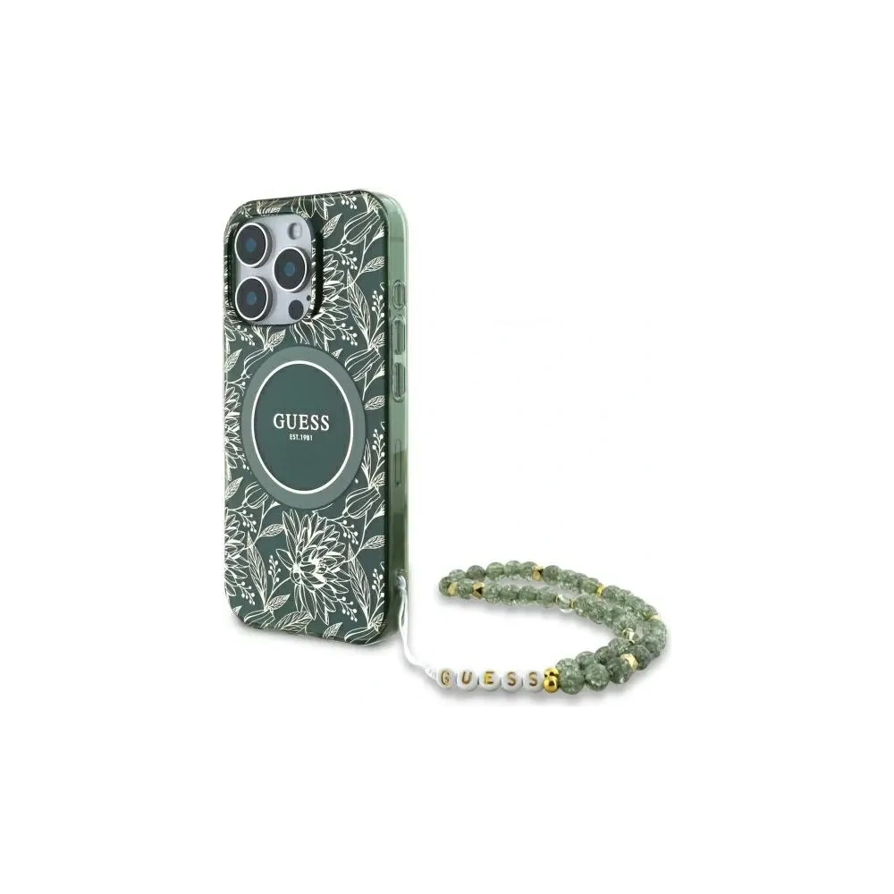 Etui Guess GUHMP16XHCPOFPA Apple iPhone 16 Pro Max hardcase IML Flowers Allover Electro With Pearl Strap MagSafe zielony/green