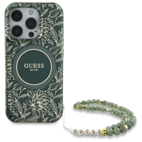 Buy Guess GUHMP16XHCPOFPA Apple iPhone 16 Pro Max hardcase IML Flowers Allover Electro With Pearl Strap MagSafe green - GUE4195 - {ean13} - Home Screen Store Europe