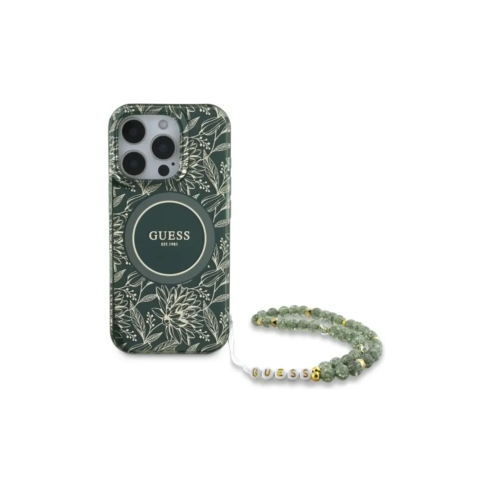 Etui Guess GUHMP16XHCPOFPA Apple iPhone 16 Pro Max hardcase IML Flowers Allover Electro With Pearl Strap MagSafe zielony/green