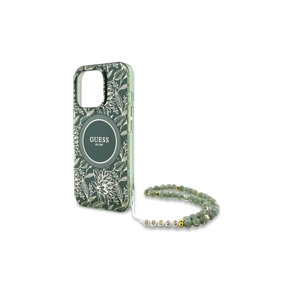 Etui Guess GUHMP16XHCPOFPA Apple iPhone 16 Pro Max hardcase IML Flowers Allover Electro With Pearl Strap MagSafe zielony/green