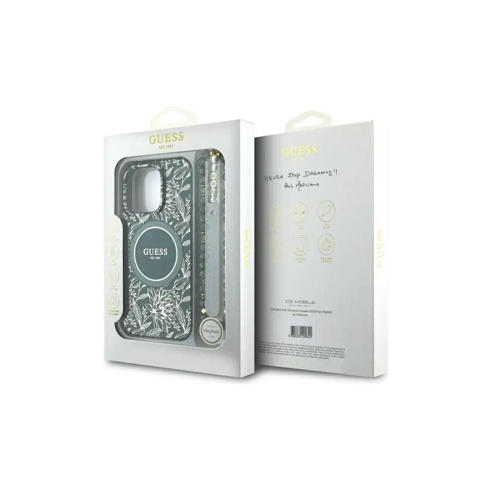 Etui Guess GUHMP16XHCPOFPA Apple iPhone 16 Pro Max hardcase IML Flowers Allover Electro With Pearl Strap MagSafe zielony/green
