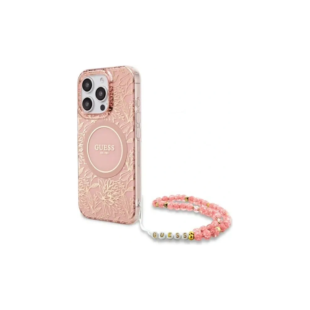 Etui Guess GUHMP16LHCPOFPP Apple iPhone 16 Pro hardcase IML Flowers Allover Electro With Pearl Strap MagSafe różowy/pink