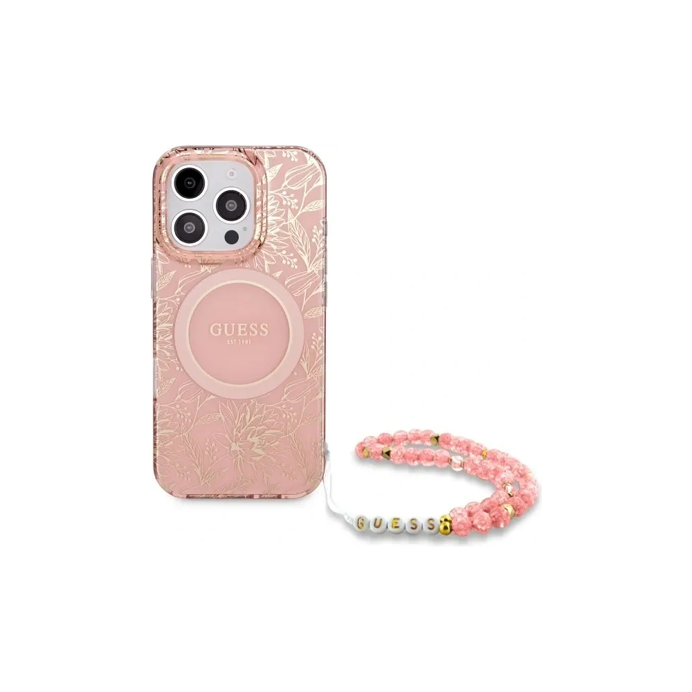 Etui Guess GUHMP16LHCPOFPP Apple iPhone 16 Pro hardcase IML Flowers Allover Electro With Pearl Strap MagSafe różowy/pink