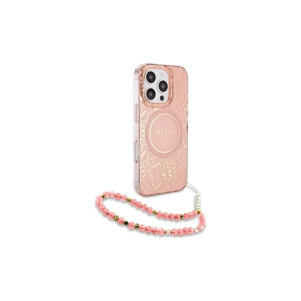 Etui Guess GUHMP16LHCPOFPP Apple iPhone 16 Pro hardcase IML Flowers Allover Electro With Pearl Strap MagSafe różowy/pink