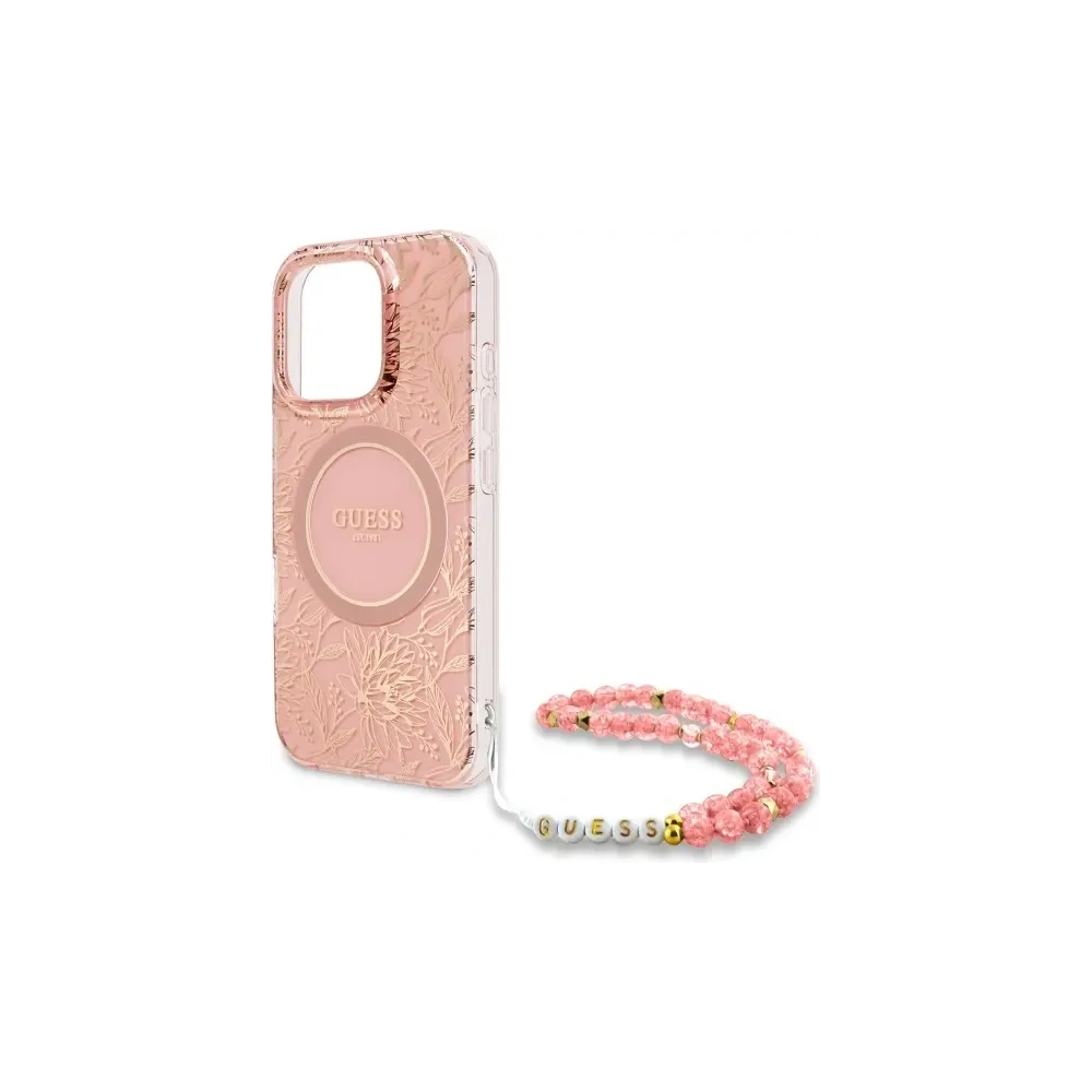 Etui Guess GUHMP16LHCPOFPP Apple iPhone 16 Pro hardcase IML Flowers Allover Electro With Pearl Strap MagSafe różowy/pink